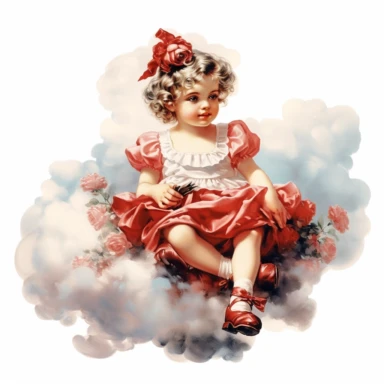 adorable little vintage royal girl sitting on a cloud made of ruby red roses and ribbons, lacec, face looking straight, full body, oil clipart style, accurate details, oil painting technique, super high quality, professional watercolor clipart, high resolution, 8k