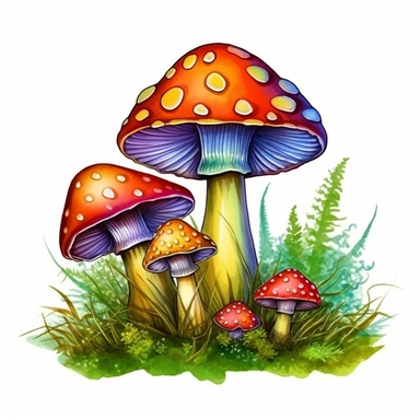 drew brophy style, artistic clipart, 3 large colorful mushrooms in green grass