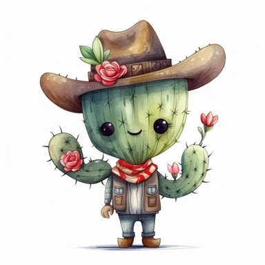 a cute cactus with a sombrero and a mustache, heart, flowers, watercolor clipart design, super cute, isolated white background, high quality, 2d, vector, flat