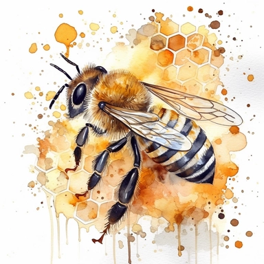 watercolor clipart, down it, bees fly around him, white background a honeycomb full of honey, a bee sitting on it, honey running