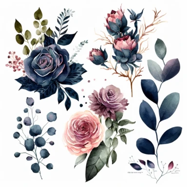 Watercolor illustration of navy blue and pink roses clipart with some wild leaves and florals isolated cozy object on white background, magical colors, white background, watercolor, hyperrealism, high detail, isolated elements, clipart