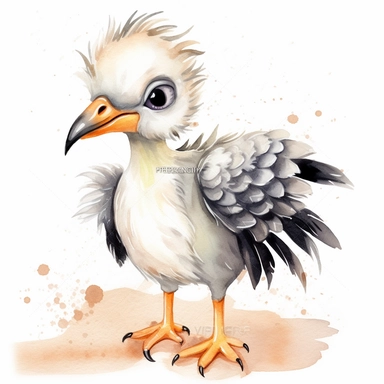 watercolour Happy Baby Secretary Bird Cartoon Clipart, Cute, no text