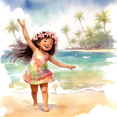 watercolour, beautiful soft colours, tropical island setting, showcase an adorable little Hawaiian girl doing the hula on the beach with her family, she feeling is happy, celebration, they are all wearing flowers in their hair, beautiful clipart style