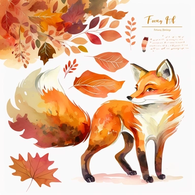 make a clipart Playful fox, vibrant autumn foliage, curled tail, expressive eyes, warm orange and red tones, watercolor texture, splashes of color, loose brushstrokes like Emma Block, loose and free-flowing style