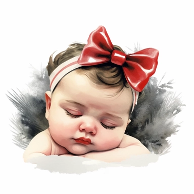 watercolour style cute chubby size baby girl curled up asleep frowning her eyebrows dribbling from mouth a red bow on head fine details Christmas tree behind wide background png plain background clipart