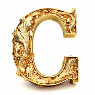 a solid gold letter C, hallmarked with the letters PC clipart, white background, v5