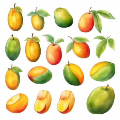 Draw a set of playful and colorful, watercolor style illustrations of mangos, evenly space elements for clipart, white background