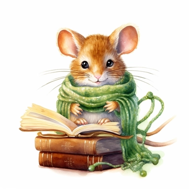 watercolor clipart, cute little brown mouse wearing glasses and a green scarf, sitting on the top of a sewing thread spool reading a book, soft golden glow, isolated and centered on a white background, detailed 8K
