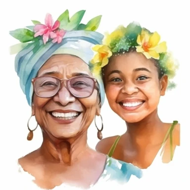 smiling old caribbean mom and adult caribbean daughter with watercolor effect, realistic faces, mothers day, suitable for digital clipart, magic scene, white background