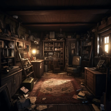 The safe house is a dimly lit and cluttered space, with dark wood paneling on the walls and a worn, slightly dusty carpet on the floor. The room is filled with shelves and cabinets packed with various demon-hunting tools and equipment, from guns and knives to salt and holy water. There are also books and research materials strewn about, along with piles of notes and journals that document the brothers' various cases and investigations. In the center of the room is a large, sturdy wooden table, s