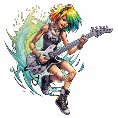 a cartoon girl fairy in a punk rock band, big wings, playing electric guitar, tattoes, smiling, colors, full body image, pixar style, clipart