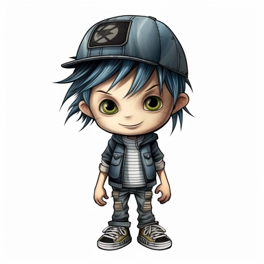 little boy doll style, thin black contour lines, jeans, sneakers, striped hat, spiky hair, skateboard, cartoon, clipart, cute eyes, illustration for kids, disney,