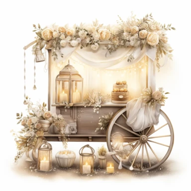 illustrations: evening scene, wedding cart, filed with wedding accessories decorated with Outdoor String Lights, in the style of mandy disher, gold and cream, light silver and bronze, claudia tremblay, soft realistic watercolours, resin, wiesław wałkuski, clipart