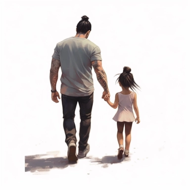 https://s.mj.run/UAYJRoBCAQg Cute Beautiful daddy and his daughter, black hair, little kids, Back view Sublimation Clipart,Cartoon,hyper realistic, intricate detail, illustration style,high solution , on the white background