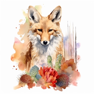 watercolor painting of a Coyote, clipart, watercolor clipart, watercolor splashes, illustration, artsy, desert, tumbleweed, desert flowers, warm colors, white background