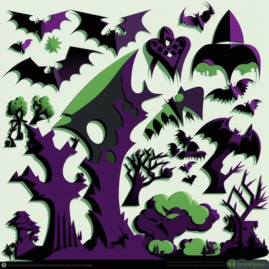 clipart model sheet of various psychobilly elements of design like dead trees, bats, coffins, that would fit in a psychobilly style Hawaiian pattern, using shades of black, purple and green