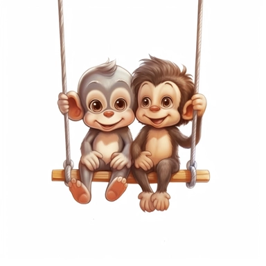 Cute Beautiful Happy Face Couple Baby Monkey sit on a swing Sublimation Clipart, Cartoon, hyper realistic, intricate detail, illustration style, high solution, on the white background