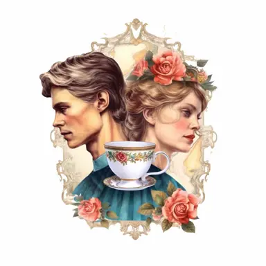 beauty couple drinking coffee, vintage cups, flower digital clipart on white background
