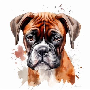 cute Mahogany Boxer dog portrait, full face, centered shot, side shot, dynamically posed, in action, playful mood, happy mood, playing mood, cute face, adorable smile, childlike eyes, clean watercolor illustration, white background, nursery baby imagery, painting, detailed, 8k, PNG, clipart,