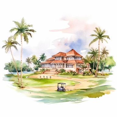 watercolor tropical golf course with club house in the back clipart, white background