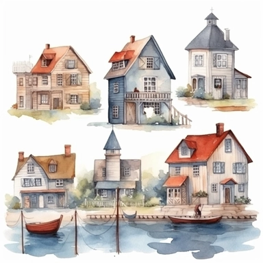 watercolor harbor village, illustrations clipart set, simple, , cartoon elements ,different variants , separate elements with a margin
