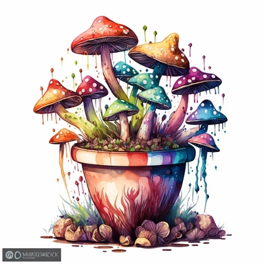 Psychedelic Magic Mushroom Clipart in clay pot, in white background, colorful, lots of smaller mushrooms, realistic, color splash, watercolor painting, unbelievably detailed,