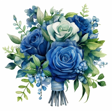 Realistic watercolour illustration, bridal bouquet with vibrant blue roses with green eucalyptus leaves surrounding the roses and some leaves hanging down elegantly, high detail, clear edges, clipart isolated on pure white background