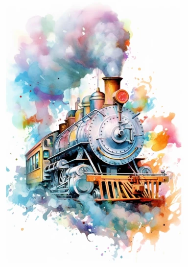 Pastel train, big beautiful locomotive, bursting with steam, Steampunk Clipart, Printable Watercolor, Retro Futuristic, Victorian Era Art Print, colorful, details, high quality 8K, white background