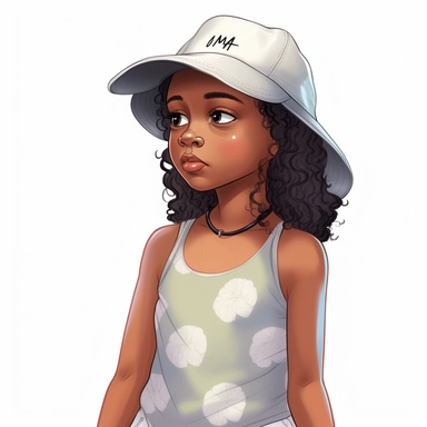 a drawing of a curious young little black girl wearing a baseball cap and tshirt, pretty summer sundress, black girl fantasy, cartoon illustrations, vector clipart, in the style of 32k uhd, lilia alvarado, walt disney, depictions of aristocracy, childlike, photorealistic details, white background