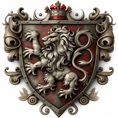 medieval coat of arms, ornate, large, rampant lion, fantasy, clipart style