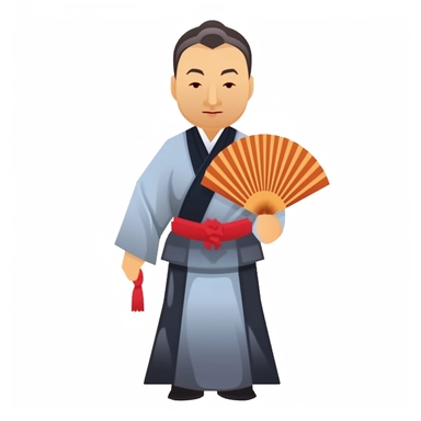 Create a clipart of a middle-aged Chinese man wearing traditional clothing, including a mandarin collar shirt and flowing pants. Show him with a calm and wise expression, holding a fan in one hand and chopsticks in the other. Make sure to include details such as his hair tied in a bun or ponytail and perhaps a small bamboo hat. The overall design should be simple yet elegant, capturing the essence of Chinese culture and tradition. Use bright colors and clean lines to bring the clipart to life.
