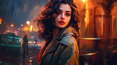 beautiful stunning pretty vintage bladerunner style young woman, paint art style, clipart, city landscape background, superrealistic, one of a kind