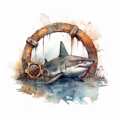 Watercolor clipart consist of a Shark swimming circling around the abandoned rusty anchor on the seabed. Produce very high detailed image. Produce very high quality image. The shark proportion is same as real great white shark. Left some white empty space around the image frame.
