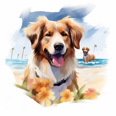 summer, clipart, water color, dog, no background, white background, beach