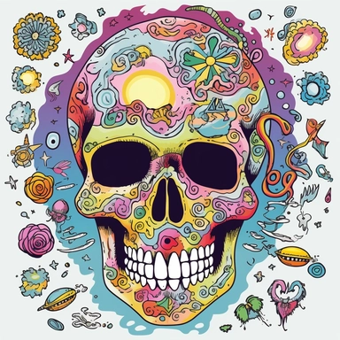 create a clipart-style illustration of a skull with a Grateful Dead-inspired design, where colorful images are placed only on the skull itself, resembling tattoos. The skull should have an expression that appears to be laughing or joyful, adding a playful element to the artwork. Begin by sketching the outline of a skull, focusing on capturing its distinct features such as the eye sockets, nasal cavity, and jawline. Keep the lines clean and simple, adhering to the clipart style. Within the confin