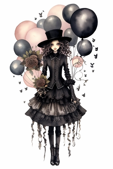 watercolor mixed media goth steampunk girl entire body in goth steampunk birthday bouquet illustration clipart by holly hobbie