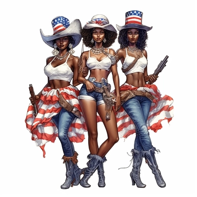 Cute Beautiful Patriot three black girls for 4th of july full body sublimation Clipart, Cartoon, hyper realistic, intricate detail, illustration style, high solution, on the white background