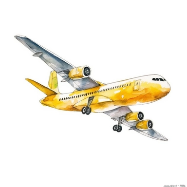 Travel Watercolor Clipart, airplane 19 yellow girly , single object,isolated on white background, highly detailed, hand painted watercolor illustration by Cath Kidston, Emma Bridgewater,white background for removing background--no text shadow font watermark