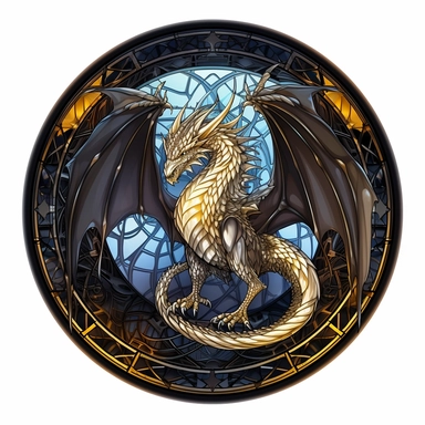 a stained glass glowing metal dragon with white lights on his eyes, four legs, full body dragon, delicate detail, master of metals, metallic silver and metallic black, manhwa character design, in the style of artgerm, 2d game art, quadratura, clipart, on white blackground, circular shape,