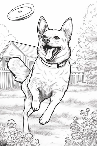 vintage line drawing style coloring page with no background of a happy beautiful dog catching a frisbee in backyard, line art, no shading, thick strong lines, adult coloring page clipart