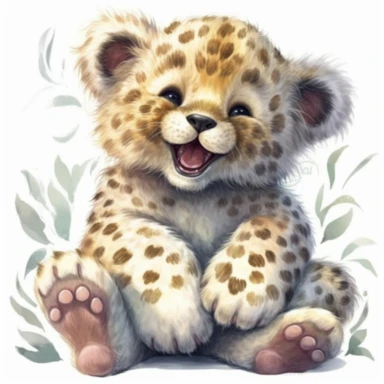 full body of a cute happy smiling baby cub leopard, hello, in the style of jody bergsma, insanely fluffy fur, clipart with white background,32k uhd, hand-painted details, charming character illustrations, amazing colours combo ,aquarellist, hd , how beautiful and cute it is,white background clipart