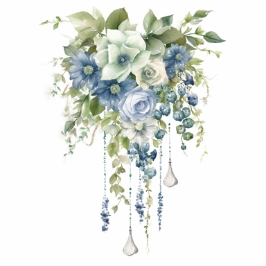 a beautiful long and hanging wedding bouquet, including gorgious blue bell flowers, white flowers and hanging green ivy, include some metallic silver sparkles or glitter as detail and some small hanging ornaments , light colors, creative, watercolors, on white background, for clipart