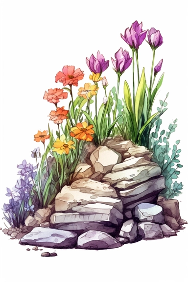 watercolor clipart of a gorgeous flower garden bed with rocks, colored pencil drawing, good composition, vector, contour, isolated white background, 16k