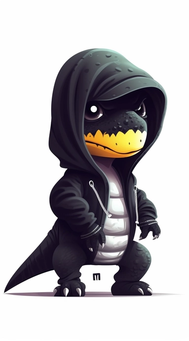 A trendy and compact T-Rex wearing a minimalistic black streetwear outfit, with the hood pulled up and a prominent white logo displayed on the front. Against a pristine white background, the T-Rex's hooded appearance adds an element of mystery and attitude to its fashionable ensemble. Style: Sleek miniature minimalistic. Lighting: Clean and well-defined. Clipart graphic, vector, contour, white-background