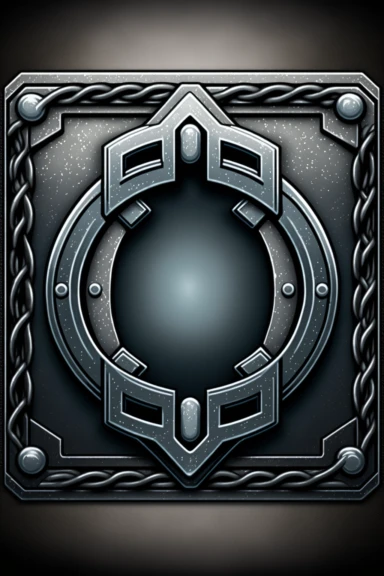 grungy metallic Flat coloured card design of a symmetric thick silver chain link icon cardback , cartoony clipart card design, Logo, glowing Gundam visor magic spell icon, little-flat Graphic Design , grey metal grid background