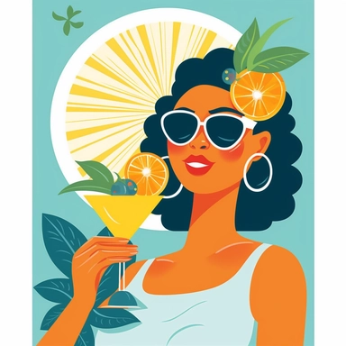 Embrace the carefree spirit of summer with a delightful clipart depiction of someone enjoying a refreshing drink, radiating the essence of the season. Picture a cheerful figure, perhaps a person or an anthropomorphic character, holding a vibrant beverage in hand. Surround them with elements that evoke the summer vibe, such as colorful tropical fruits, palm trees, and sunglasses. Utilize a bright and cheerful color palette, featuring shades of sunny yellows, tropical oranges, and refreshing blues