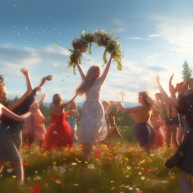 Midsummer celebration on field with wildflowers, clipart style, without background sun light, colorful, , artstation style, brush wacom painting, Unreal Engine 5, Cinematic, Ultra-Wide Angle, Depth of Field, hyper-detailed, insane details, intricate details, beautifully color graded, Unreal Engine, Cinematic, Photoshoot, Shot on 25mm lens, Depth of Field, DOF, Tilt Blur, Shutter Speed 1/100, F/2.8, White Balance, 32k, Super-Resolution, Megapixel, Pro Photo RGB, VR, Lonely, Good, Massive, Half re
