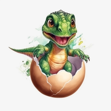 t-rex baby cute dinosaur hatching from egg, realistic, kids cartoon sublimation watercolor clipart design
