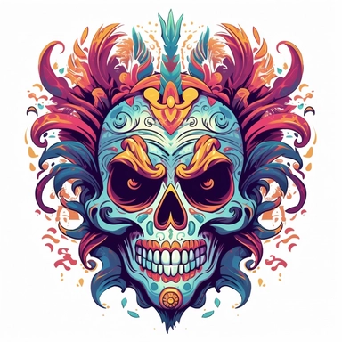 isolated flat clipart on a white background of a spooky day of dead themed voodoo mask tshirt design graphic, in the style of daniel f. gerhartz, transcendent, nikon d850, art of burma, captures the essence of nature, in the style of organic forms and patterns, expansive skies, hyper-detailed illustrations, i can't believe how beautiful this is, lively colors