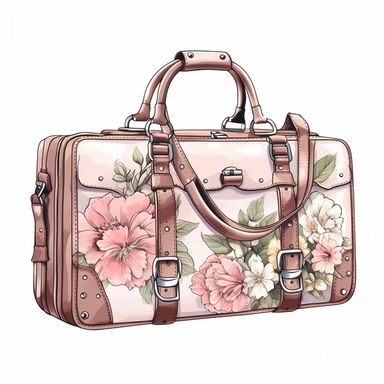 hand drawn , watercolor, hyper realistic, white background, white margins, 16k, ultra detailed clipart, cut out image, hand-drawn, ultra HD, sharp and clean art a vintage travel bag with delicate floral , capturing the romantic and feminine aesthetics often associated with vintage fashion and travel. light pink pastel